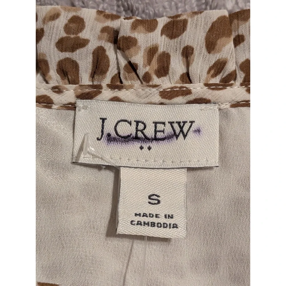 J. Crew Leopard Print Ruffle Tie Neck Short Sleeve Blouse Women's Size S NWT $80